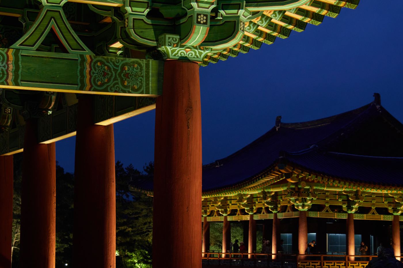 Donggung Palace and Wolji Pond lit after dark, Gyeongju